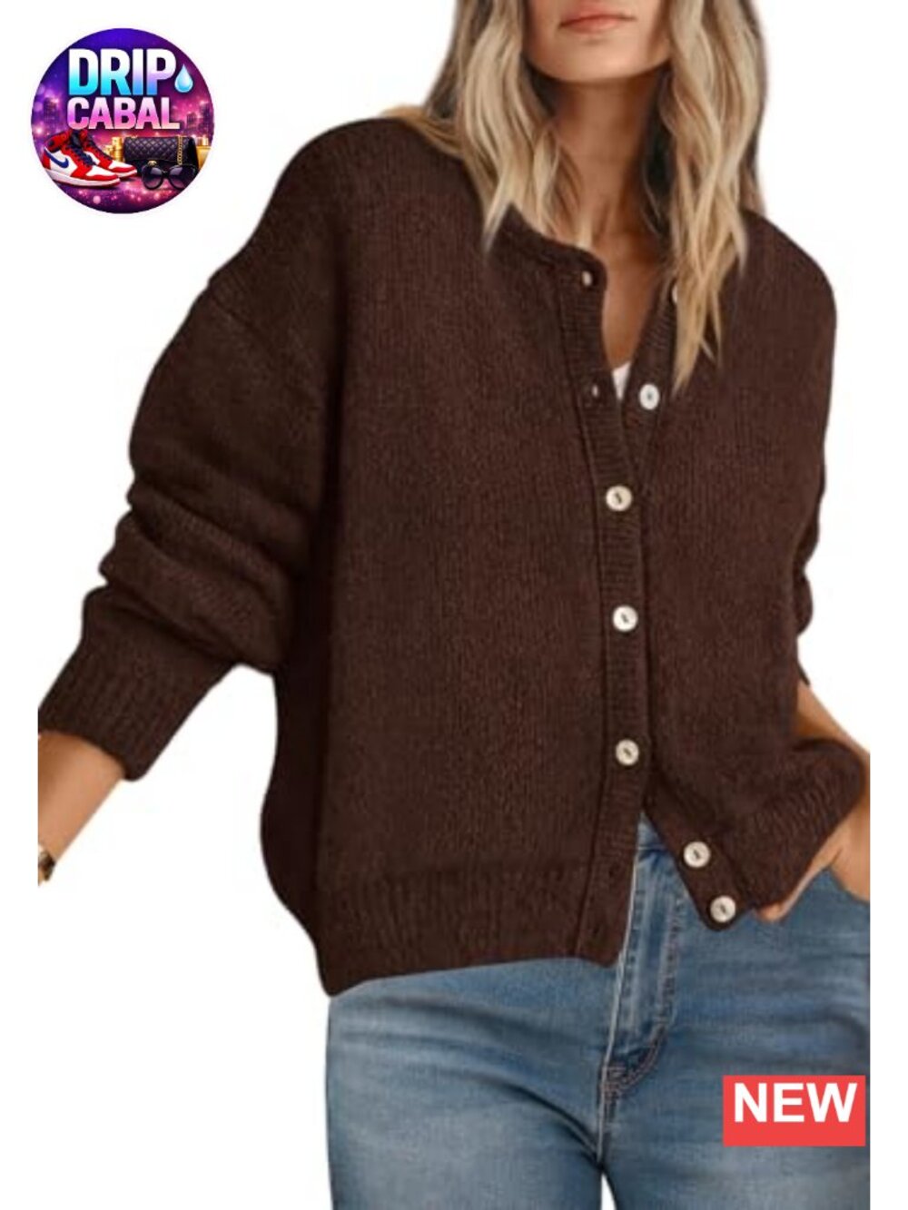 Womens Long Sleeve Button Down Crewneck Cardigan Sweater Lightweight Knit Fall